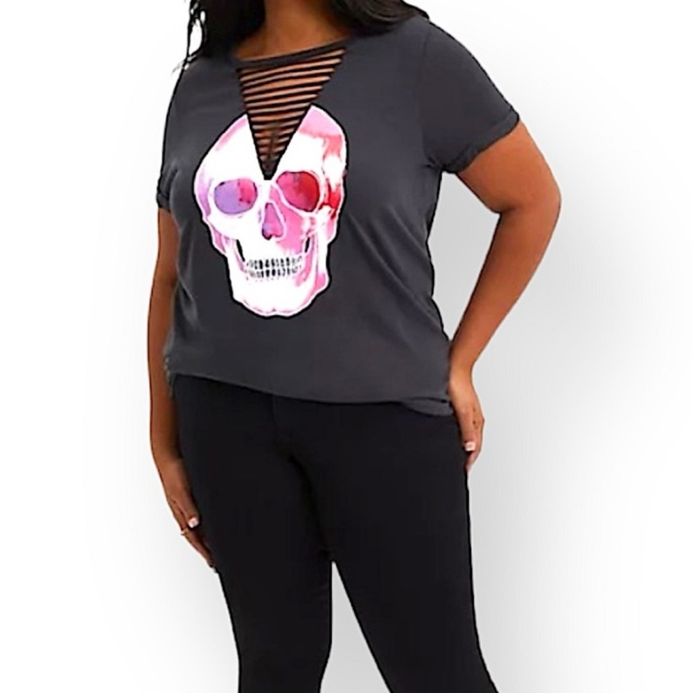 Torrid Black Pink Skull Graphic Cut Out Tee - Picture 2 of 11
